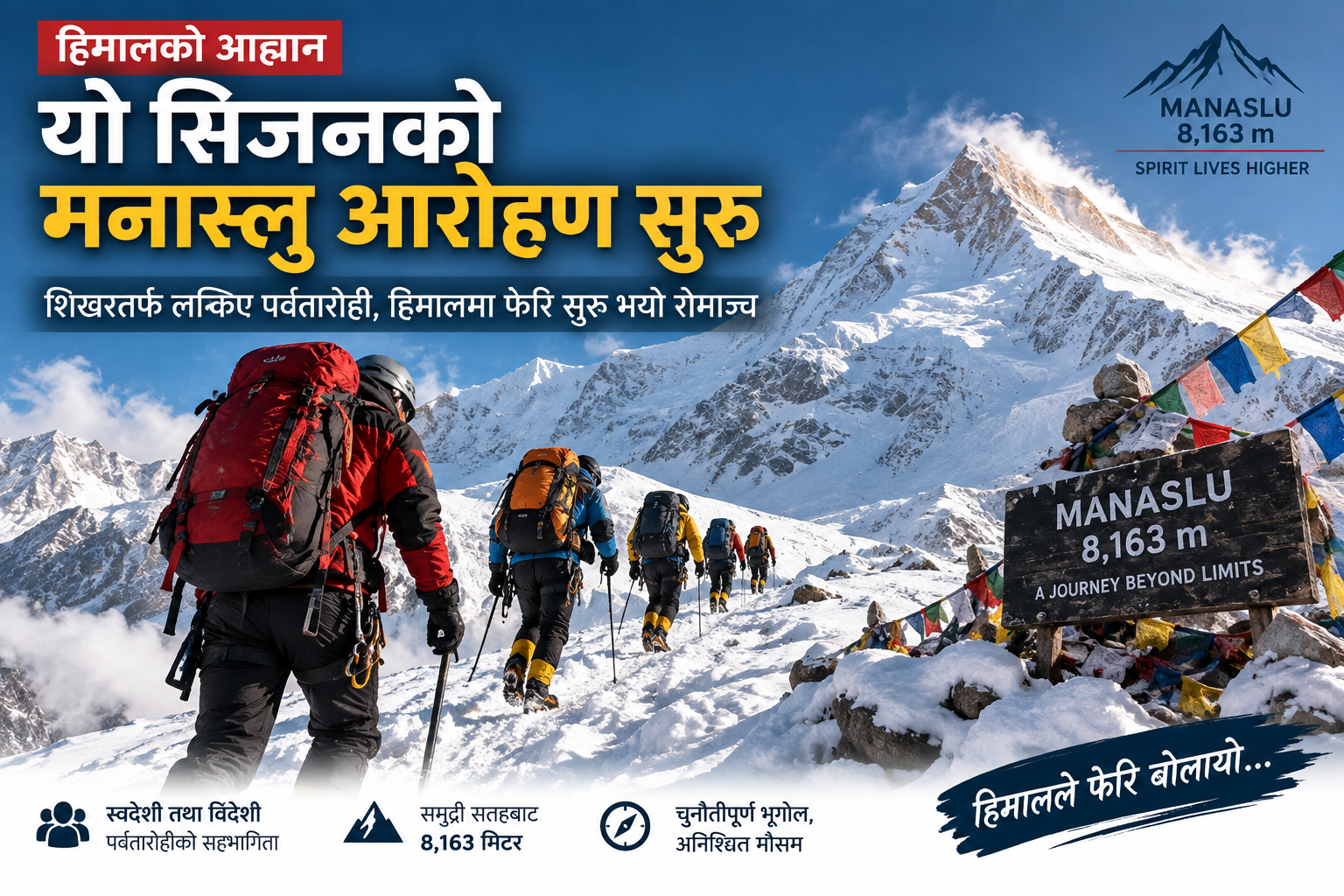 मनास्लुमा सुरु भयो आरोहणको रोमाञ्च, शिखरतर्फ लम्किए पर्वतारोही 